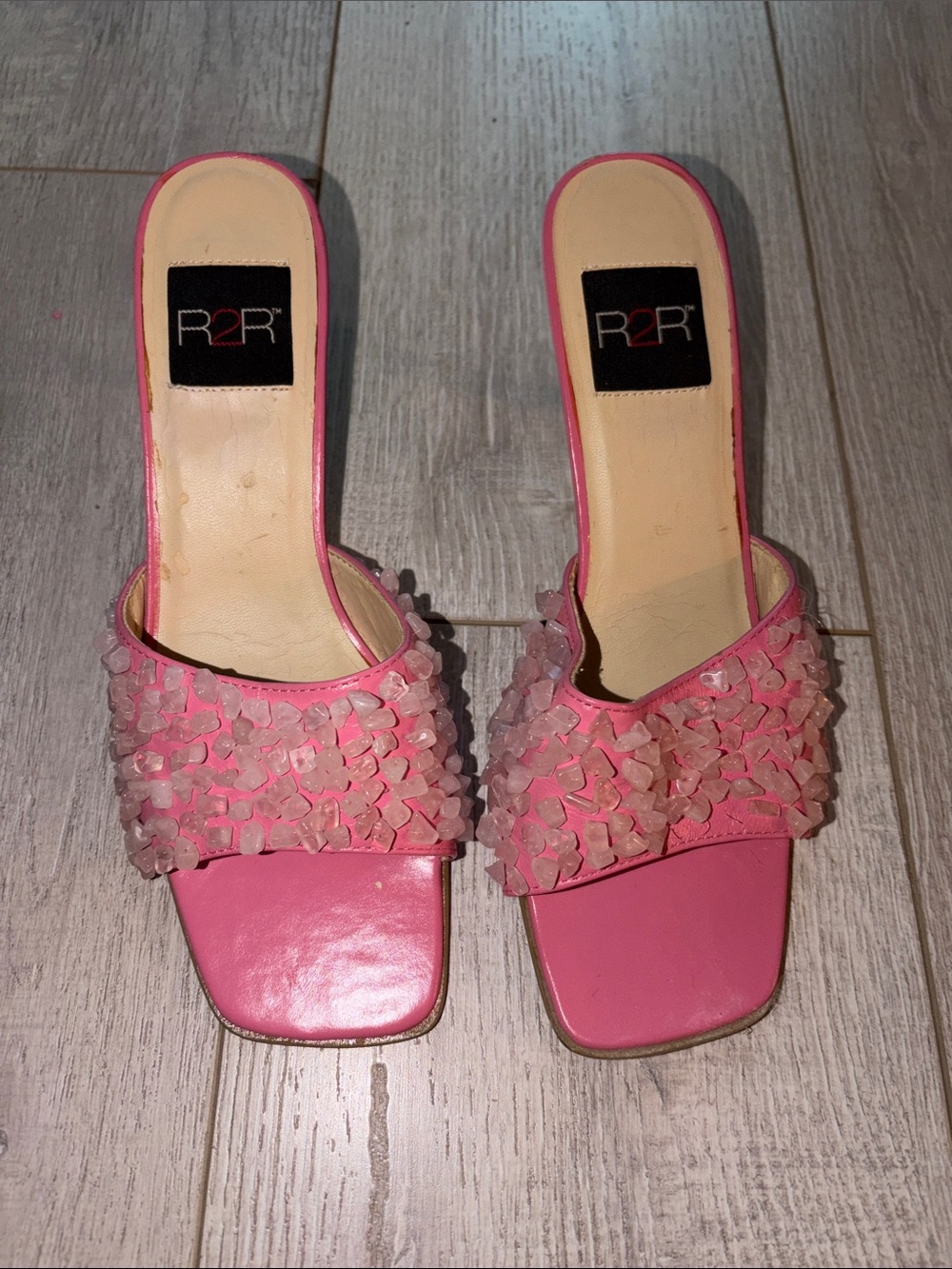 R2 Pink Floral Petal Slide Mules square toe Y2K missing stone 9Us likenew kitten